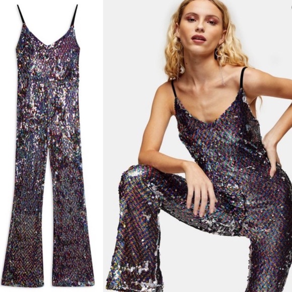TOPSHOP Rainbow Sequin Jumpsuit Size 6